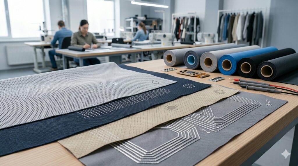 Layered moisture-wicking, antimicrobial, UV-resistant, and temperature-regulating fabric samples.
