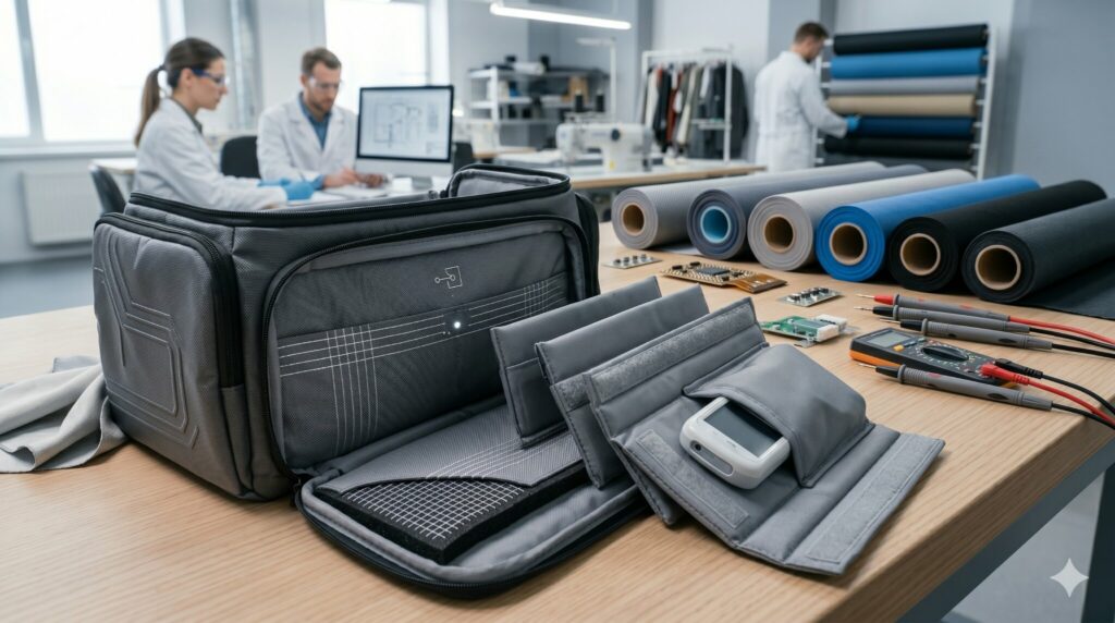Medical device carrying bag made from technical fabric, with sensor-ready compartments, removable inserts, and padded protection.