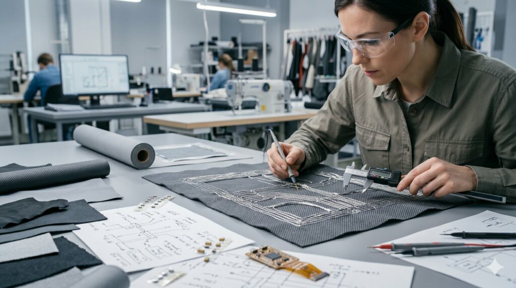 Product engineer inspecting a sewn smart textile prototype on a workshop table.