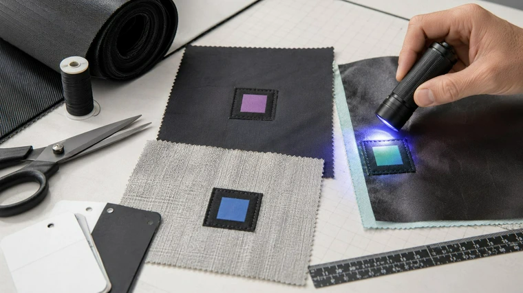 Alt text: Technical fabric swatches with sewn color-changing indicator patches on an engineering workbench.