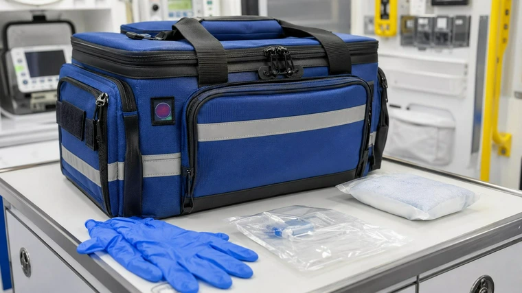 EMS medical transport bag with a sewn temperature indicator patch for cold chain monitoring.
