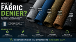 Hero image with an infogrphic showing differnet fabrics lined up labled by denier