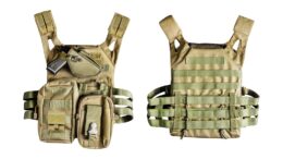 Isolated photo of a military armor olive colored tactical vest molle system with pouches, front and rear view on white background.