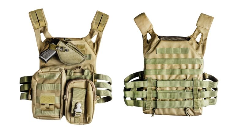 Isolated photo of a military armor olive colored tactical vest molle system with pouches, front and rear view on white background.
