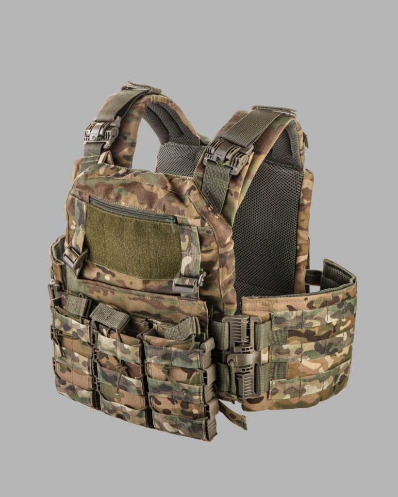 Detailed view of a modern camouflage military tactical vest with MOLLE system.