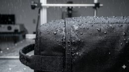 A close-up of a rugged black nylon equipment bag.