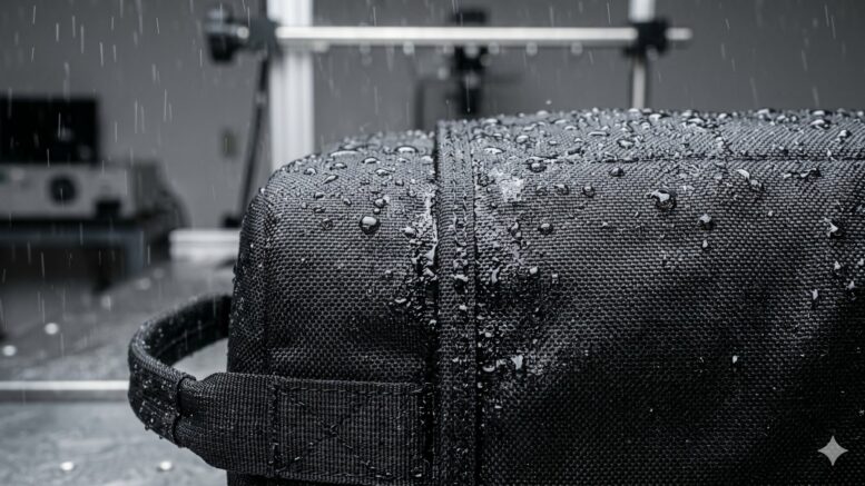 A close-up of a rugged black nylon equipment bag.