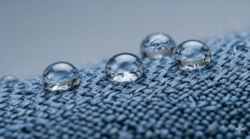 Extreme macro photograph of clear water droplets beading on tightly woven blue-grey nylon fabric.