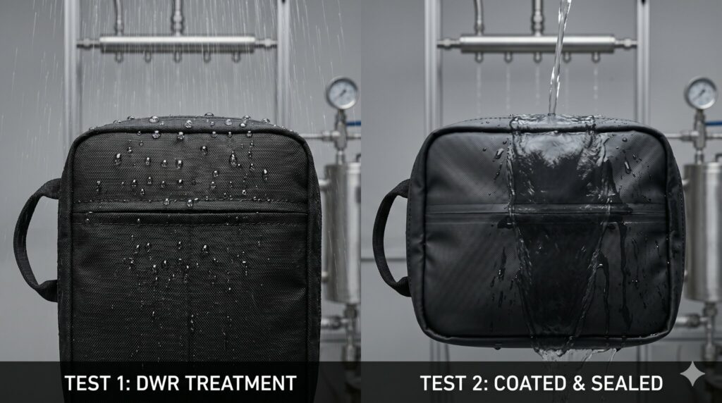 Side-by-side product testing scene comparing two identical nylon equipment pouches.