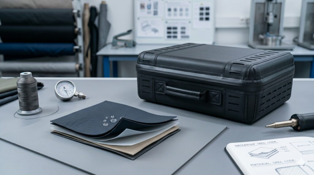 Premium waterproof nylon laminate displayed as a layered material sample.