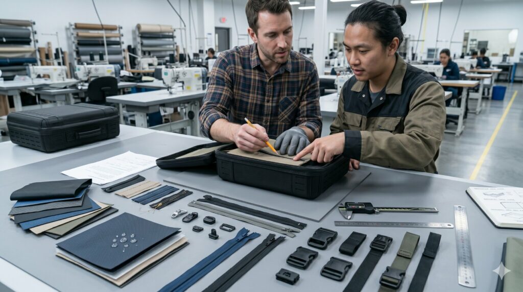 Product designer and soft-goods manufacturing engineer reviewing an unfinished nylon equipment case.