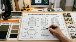 Printout of a technical CAD specification sheet for a tactical medical backpack.