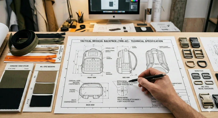 Printout of a technical CAD specification sheet for a tactical medical backpack.