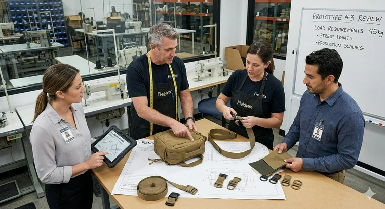Designers and clients gather around a worktable to review a medical bag prototype.
