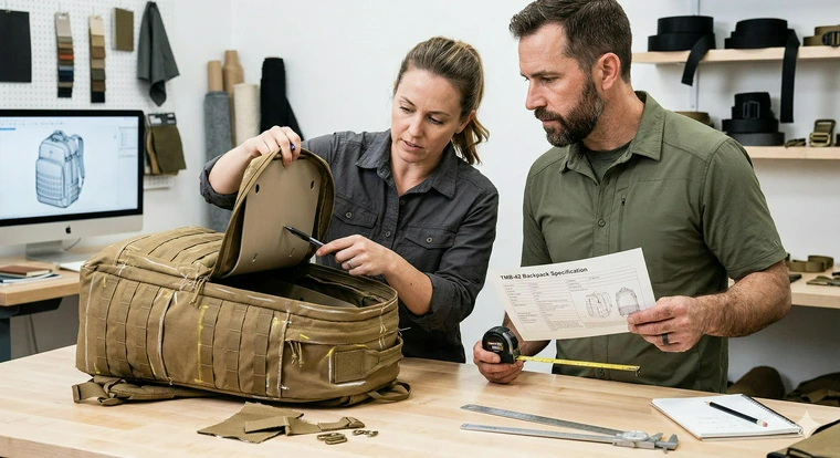 A medium shot photograph of two product designers leaning over a first-stage prototype of a backpack.