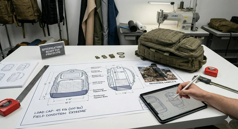 A design workspace featuring detailed technical blueprints with dimensions and load requirements.