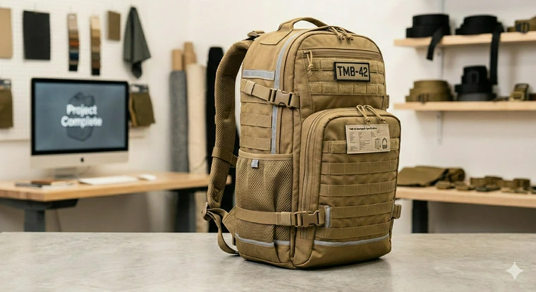 A completed, finalized prototype for a complex equipment bag.