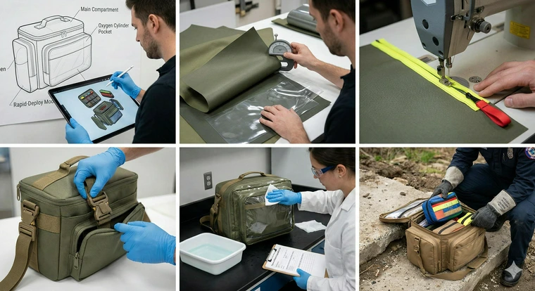 A six-panel collage illustrating the medical bag prototyping process.
