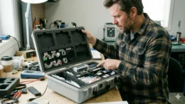 A professional product designer carefully examining a custom-fitted foam-lined carrying case
