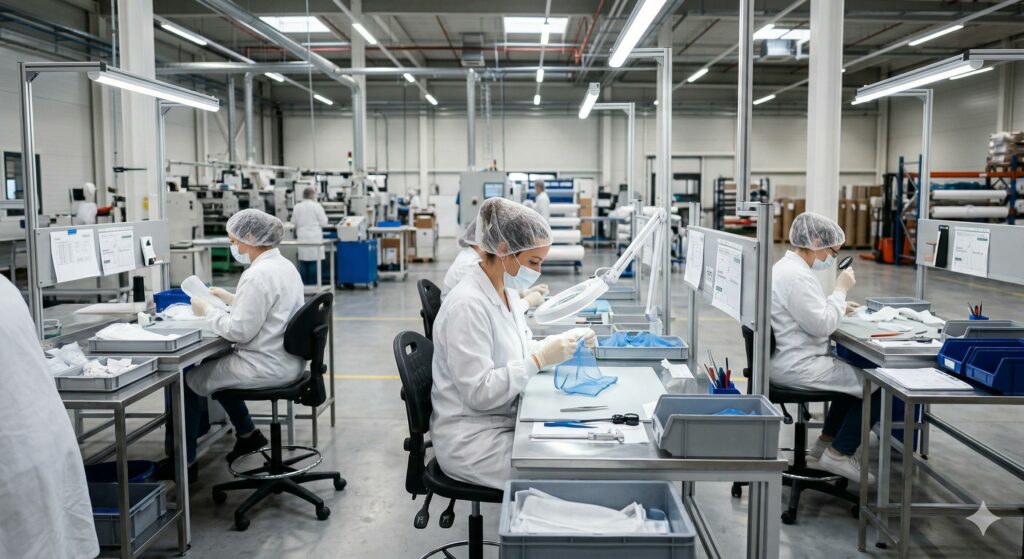 A clean manufacturing floor with workers in white coats inspecting sewn medical textile components