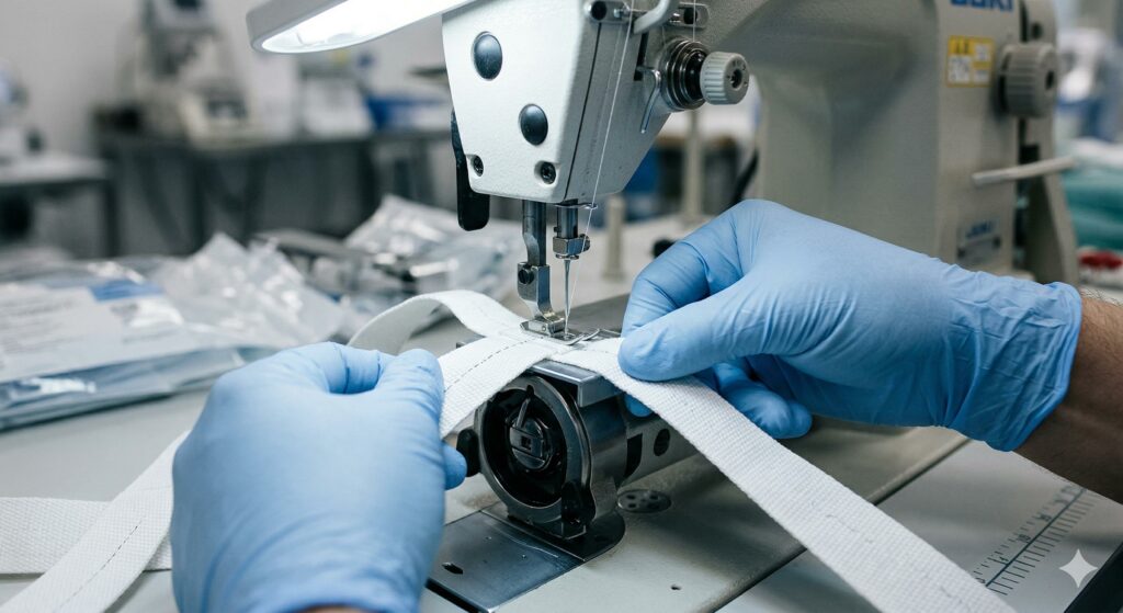 A close-up of gloved hands sewing a medical-grade fabric strap on an industrial sewing machine