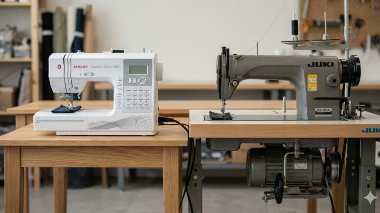 A regular domestic sewing machine and a heavy-duty industrial sewing machine