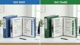 A split-screen comparison graphic showing two organized binders labeled "ISO 9001" and "ISO 13485"