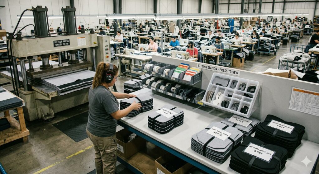 A factory worker neatly bundling and stacking identical die-cut fabric parts at a table.