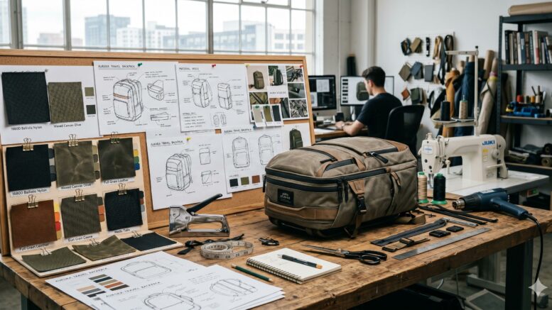 An industrial design studio workspace with soft goods sketches