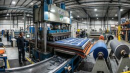 An industrial die cutting press stamping through layered rolls of technical fabric.