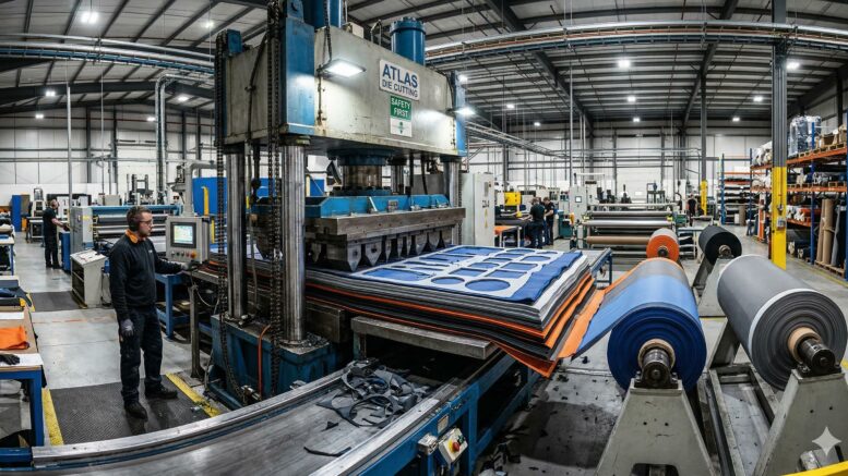 An industrial die cutting press stamping through layered rolls of technical fabric.