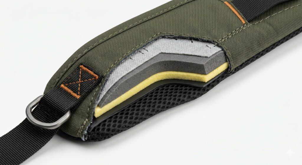 Close-up cutaway view of a technical soft goods product showing layered materials, foam padding, stitching, and reinforcements