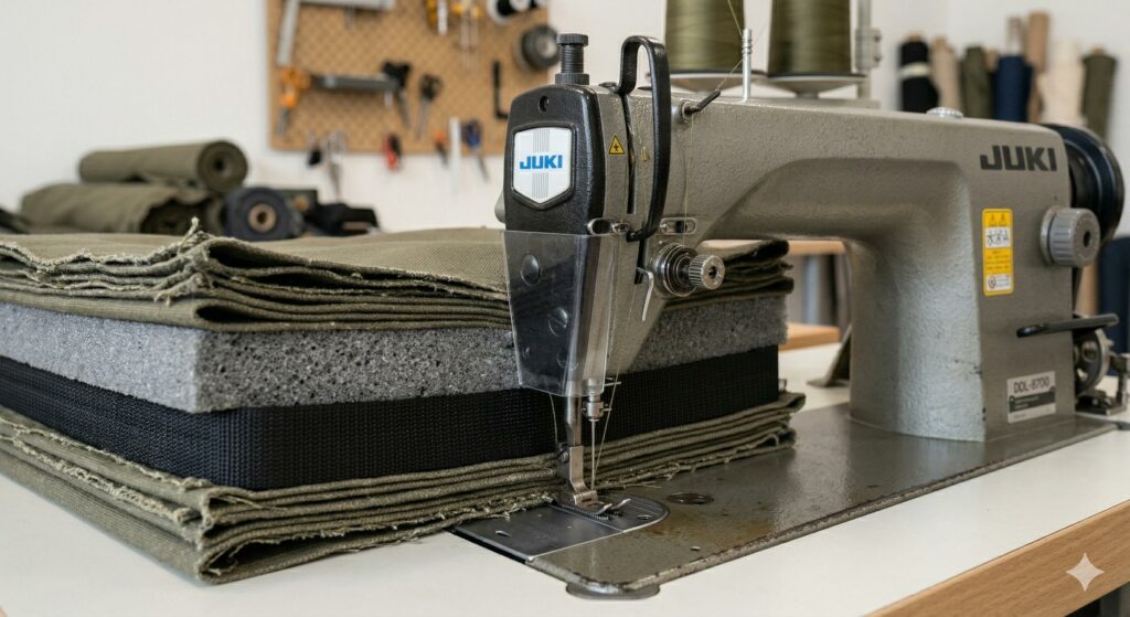 Close-up of a heavy-duty sewing machine stitching through multiple thick layers of canvas, webbing, and foam padding