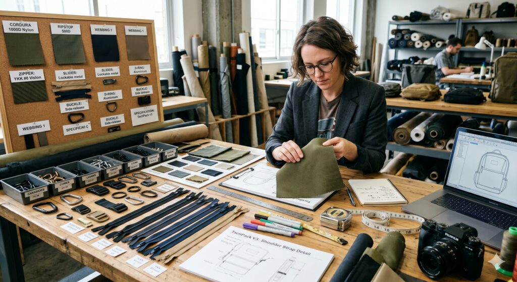 Designer reviewing durable fabrics, zippers, and hardware samples on a large table
