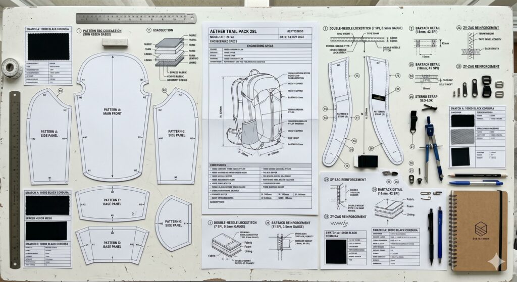 Flat lay of a detailed soft goods tech pack with measurements, stitching diagrams, patterns, and annotations