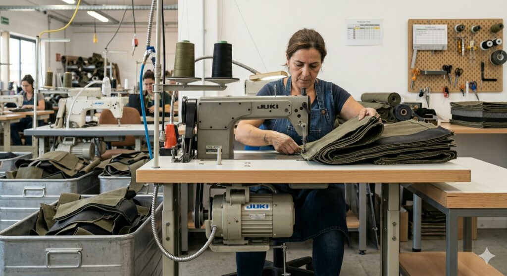 Industrial sewing workstation with a mounted sewing machine