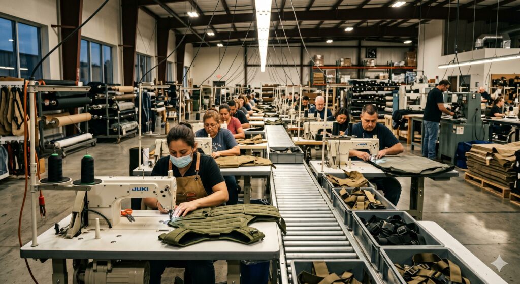 Modern cut-and-sew manufacturing line with skilled operators assembling industrial soft goods