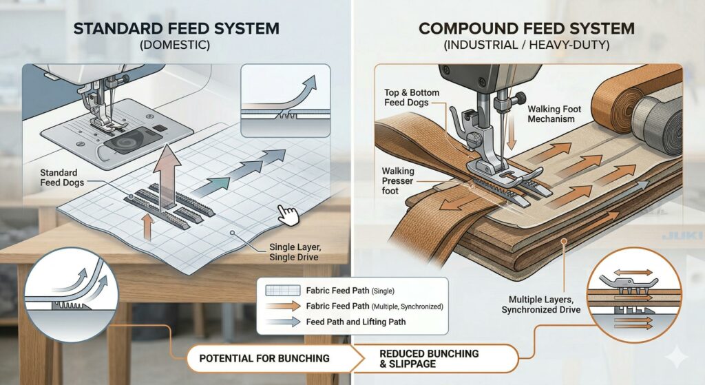 Split image showing standard feed dogs on a regular sewing machine versus walking foot or compound feed system on a heavy-duty machine