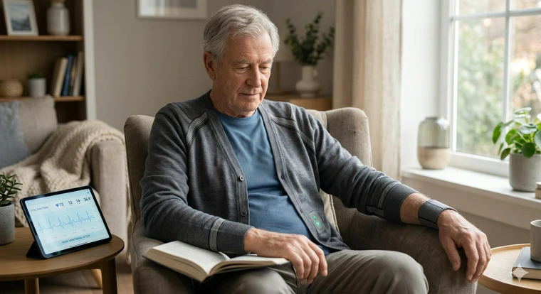 Patient wearing a smart medical garment monitoring vital signs at home.