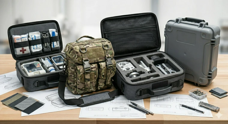 Multiple application-specific protective solutions: a medical kit, military field bag, industrial tool case, and rigid plastic electronics enclosure.