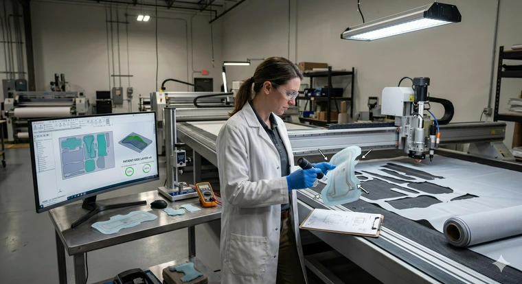 Engineer inspecting freshly cut textile prototypes from a CNC cutting machine.