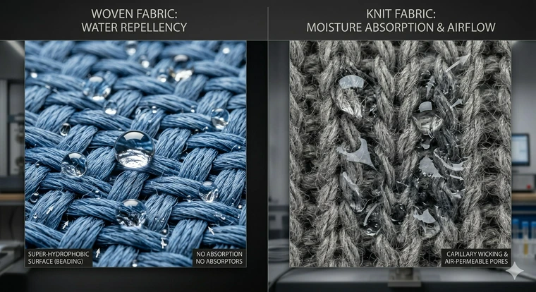 Split concept image, woven fabric repelling water droplets on surface, knit fabric absorbing moisture.