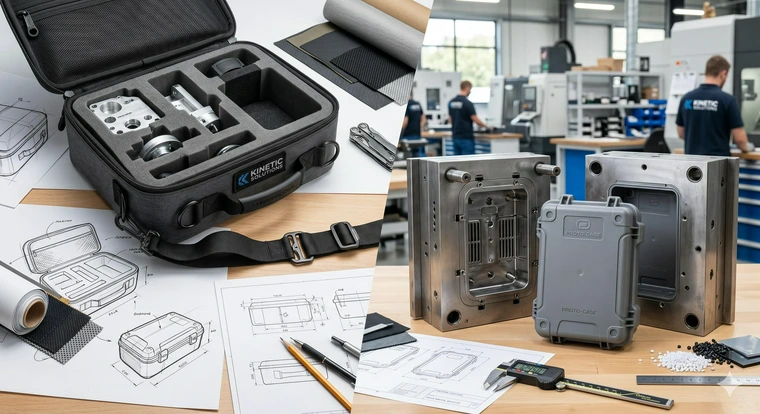 Custom soft-sided textile case with foam compartments; on the other side, a rigid injection-molded plastic case.