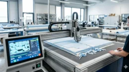 A high-precision CNC fabric cutting machine operating in a clean industrial environment.