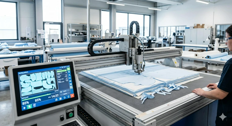 A high-precision CNC fabric cutting machine operating in a clean industrial environment.
