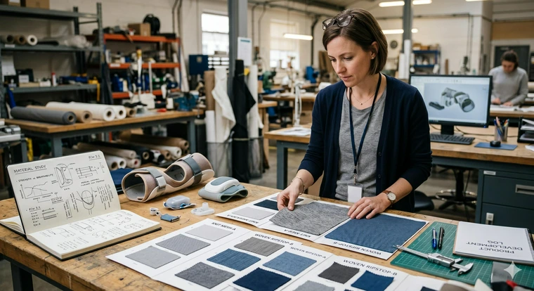 Product engineer reviewing fabric samples on a workbench, knit and woven textiles laid out side by side.