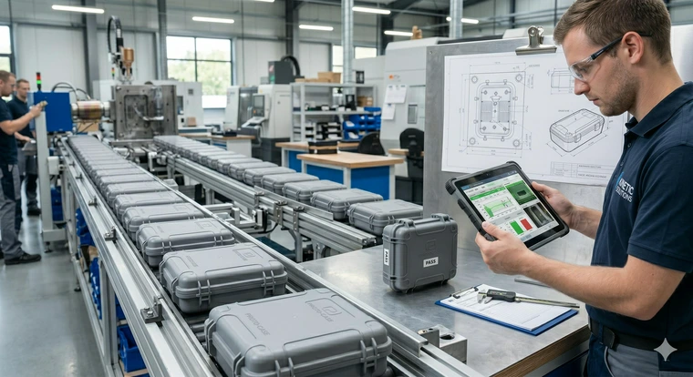 Rows of identical rigid plastic enclosures coming off a production line, with an engineer reviewing quality control data on a tablet. 