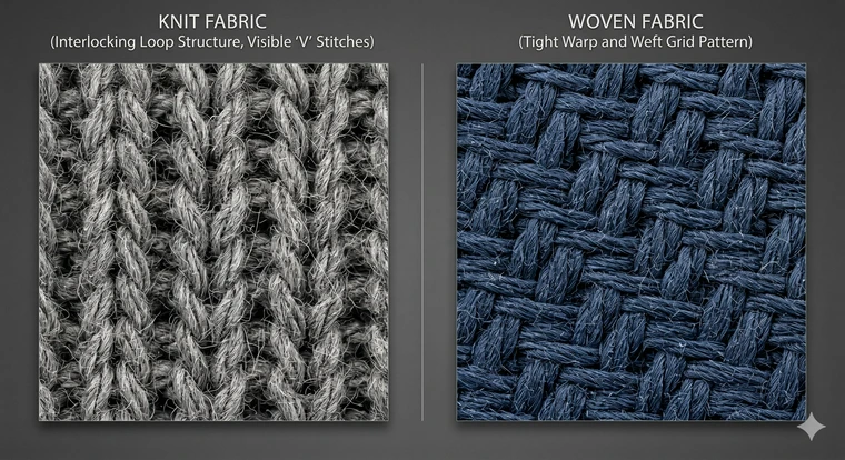 Ultra-detailed macro comparison of knit fabric vs woven fabric.