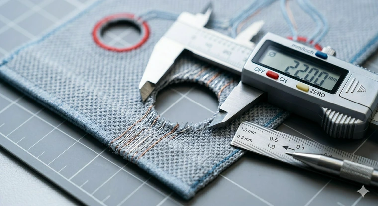Extreme close-up of textile panel with precisely cut openings for medical sensors.