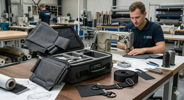 High-end editorial image of a custom soft-sided carrying case being assembled.